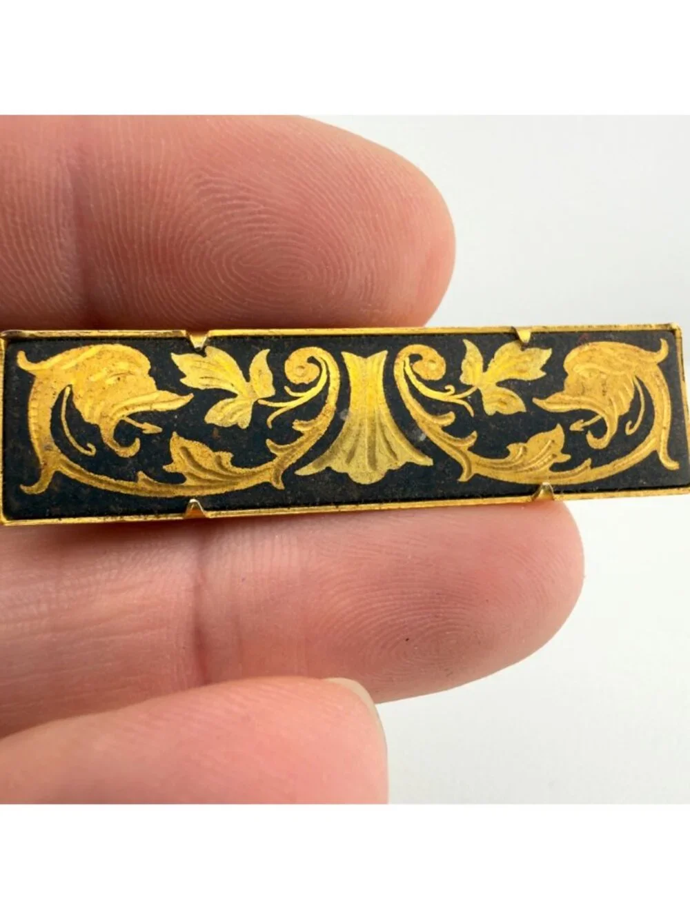 Vintage Damascene Tie Clip Bar Made In Spain Etched Gold Tone Black